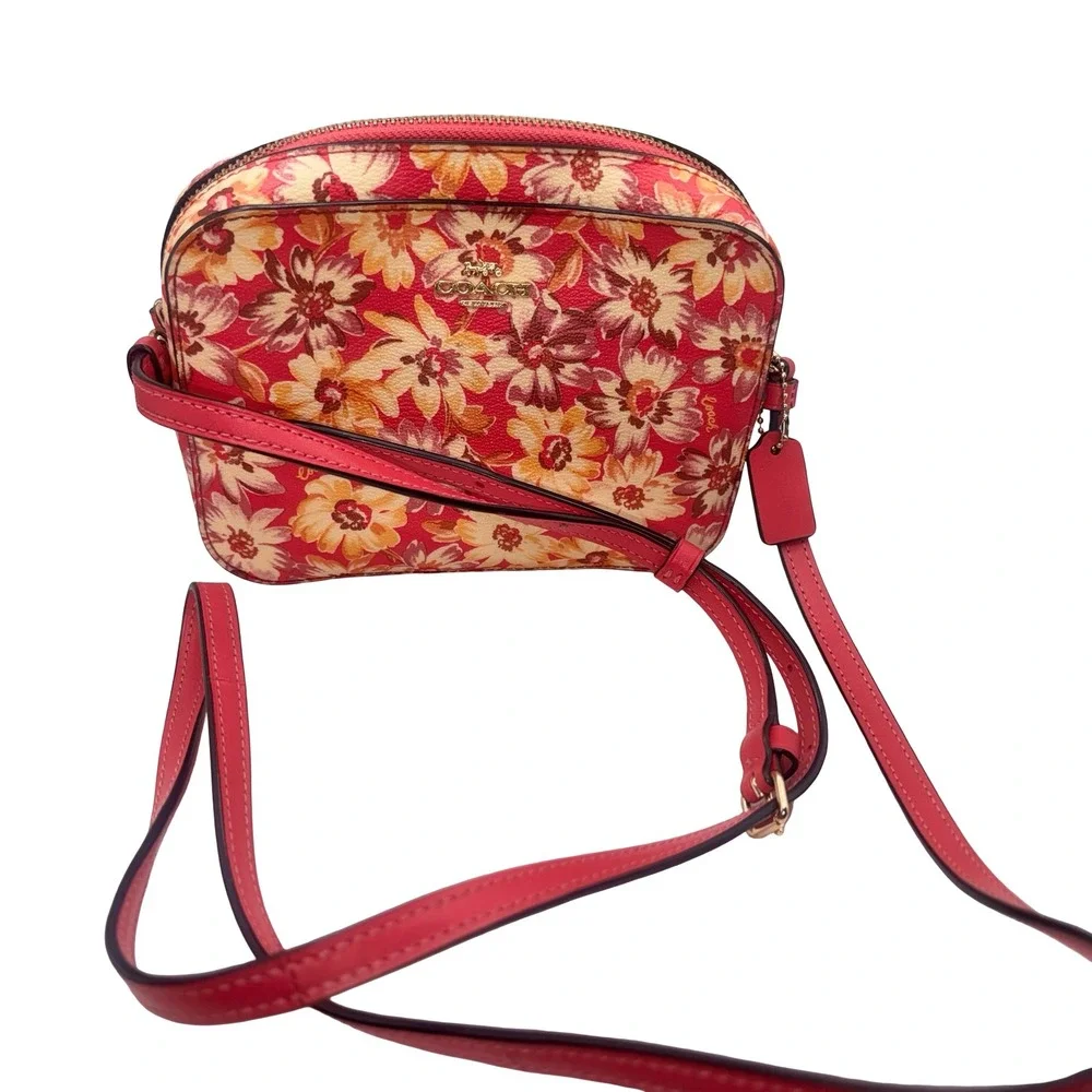 Coach Mini Camera Bag Gold Red Multi Floral Print Crossbody Handbag C8699